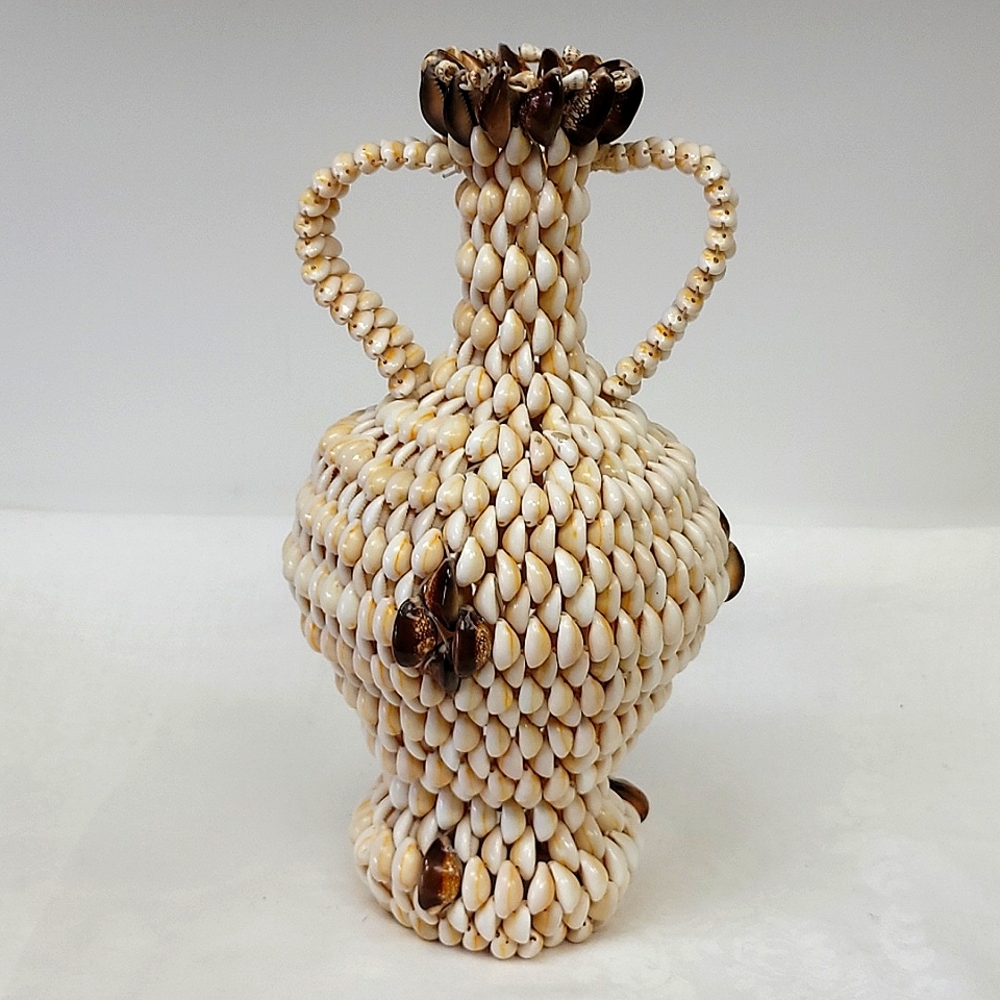 Vintage "Bohemian Style" double handled cowrie shell woven vase. Handmade